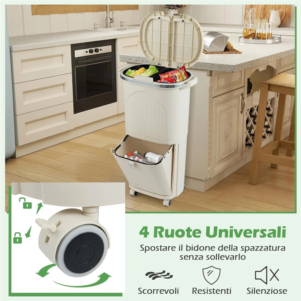 38 L（12+12+14 L） Pattumiera Differenziata, Secchio Spazzatura a 3 Scomparti con Coperchi, 2 Secchi Rimovibili Pedale e Ruote, Bidoni Differenziata per Bagno Cucina Ufficio
