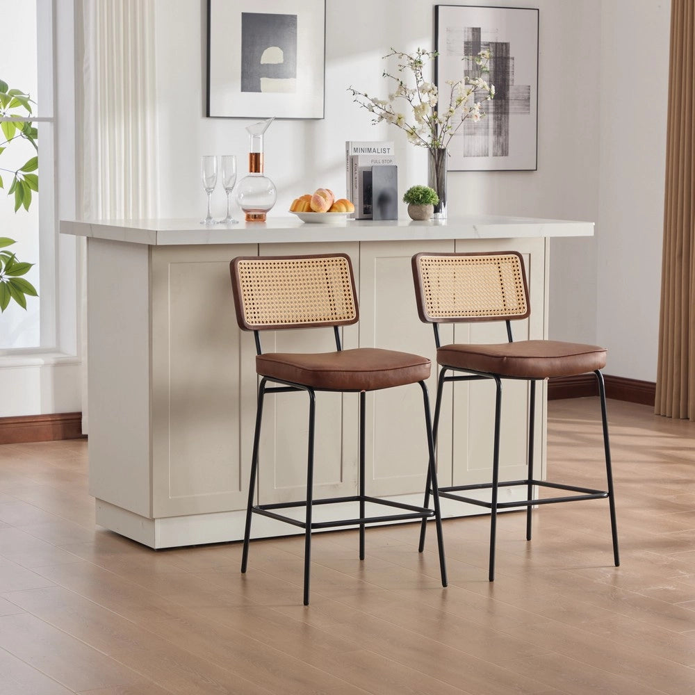 Sgabello da Bar ¨C MINIMAL ¨C Marrone, Rattan, Gambe in Metallo, PU, Senza Braccioli, Set 2 Pezzi