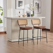 Sgabello da Bar ¨C MINIMAL ¨C Marrone, Rattan, Gambe in Metallo, PU, Senza Braccioli, Set 2 Pezzi