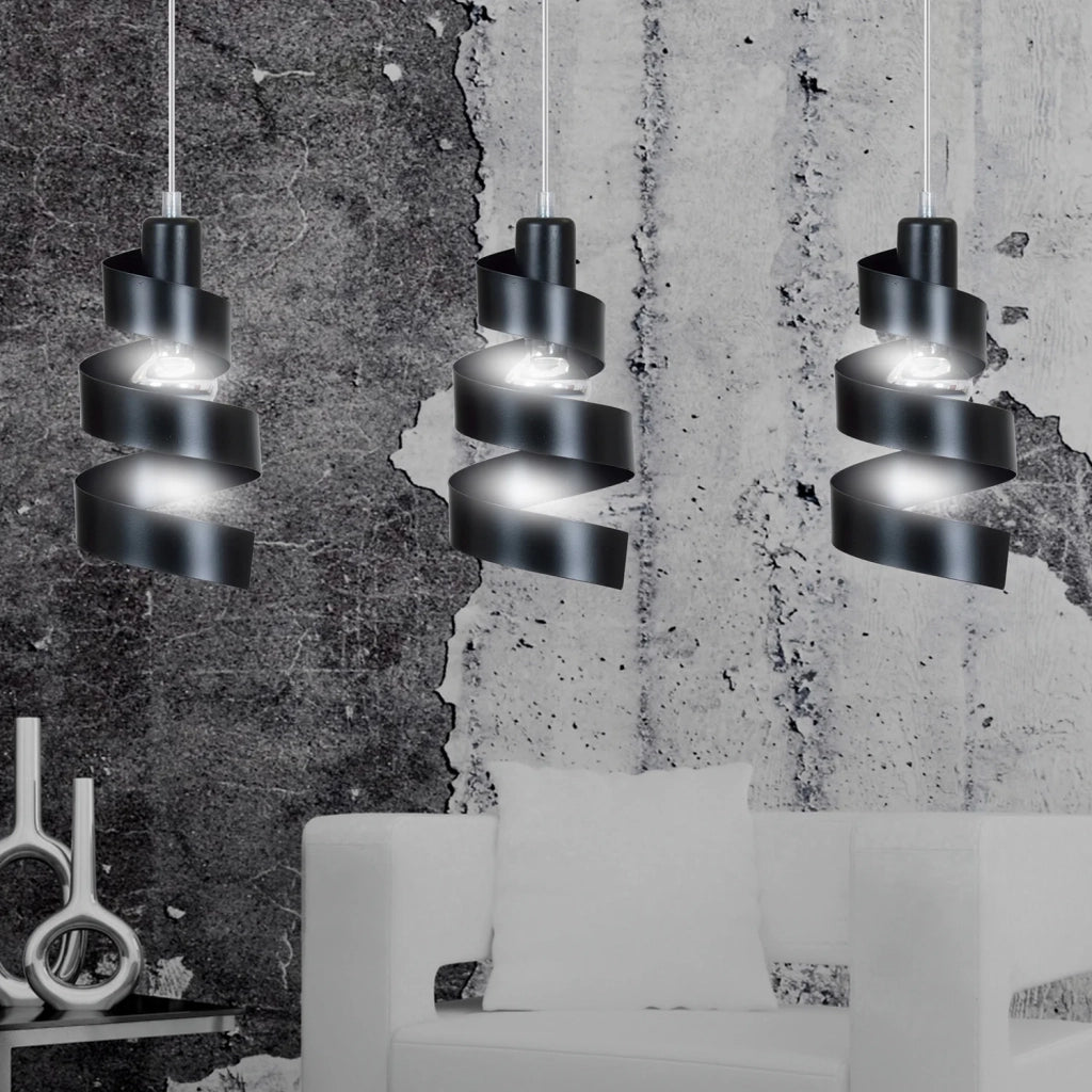 Lampadario Moderno 3 Luci Tristano In Acciaio Nero Con Fasce A Spirale