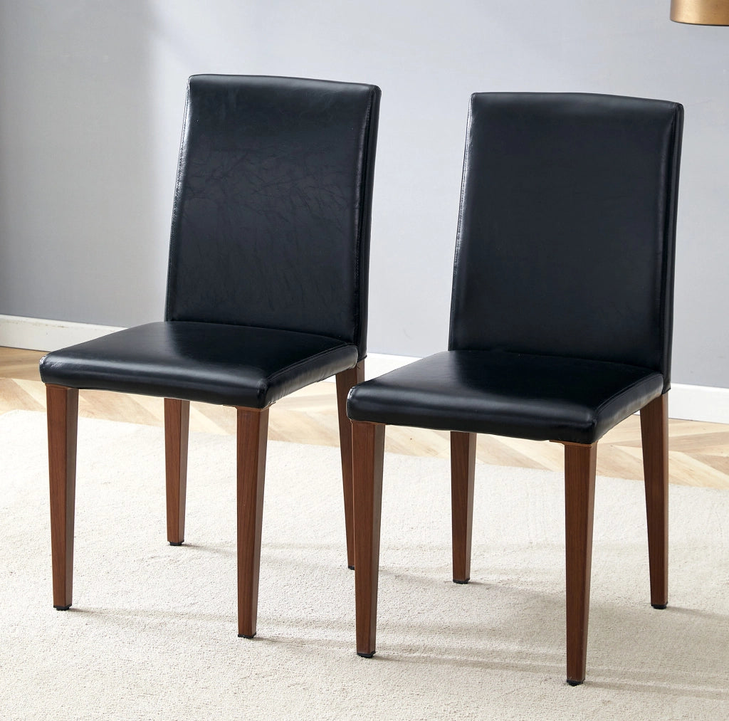 Set 2 sedie da pranzo moderne in PU nero con gambe effetto noce; 90 cm