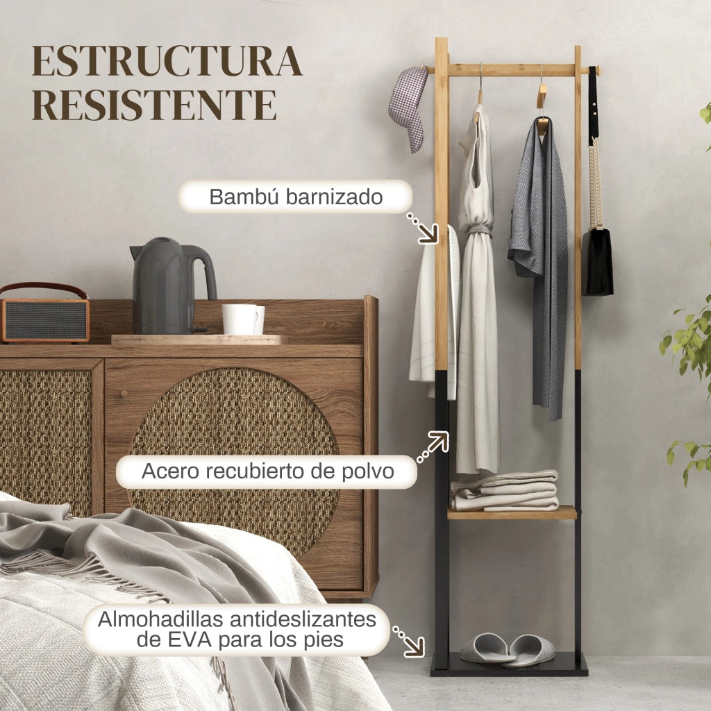 Appendiabiti a Stelo con Scaffale e Ganci ¨C Zephmum ¨C Legno Bamb¨´ e Acciaio Nero