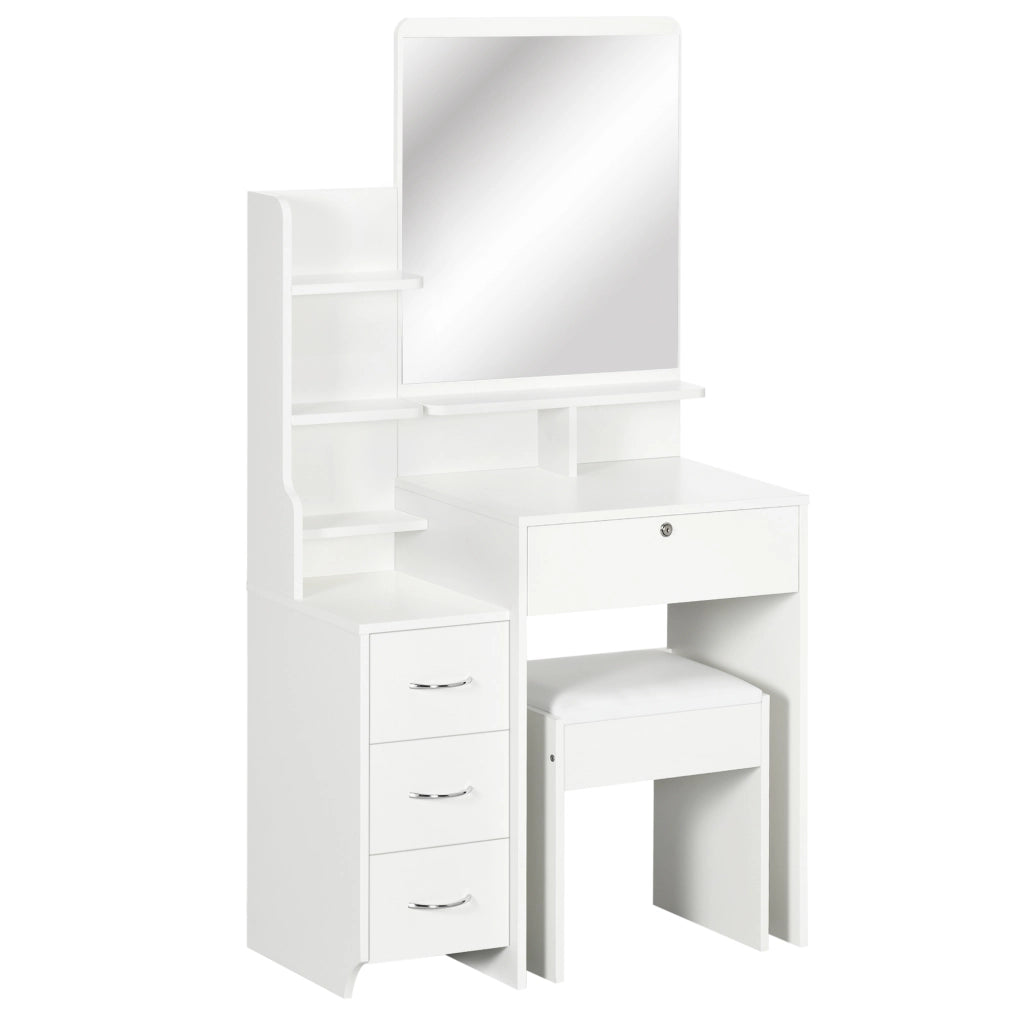 Scrivania da trucco con sgabello imbottito, specchio grande, ripiani aperti e 4 cassetti ¨C zephmum ¨C bianco