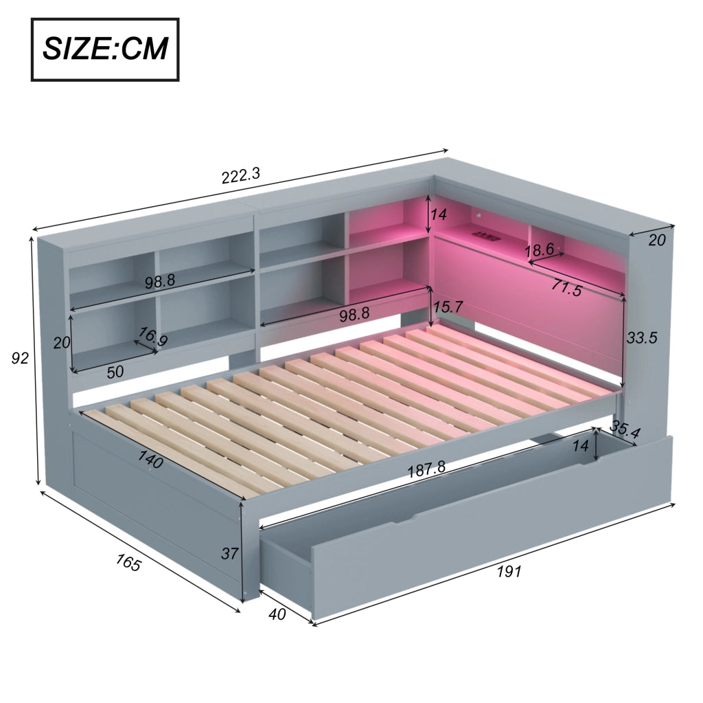 Letto matrimoniale multifunzione 140x200 cm in legno grigio con contenitori; USB e LED