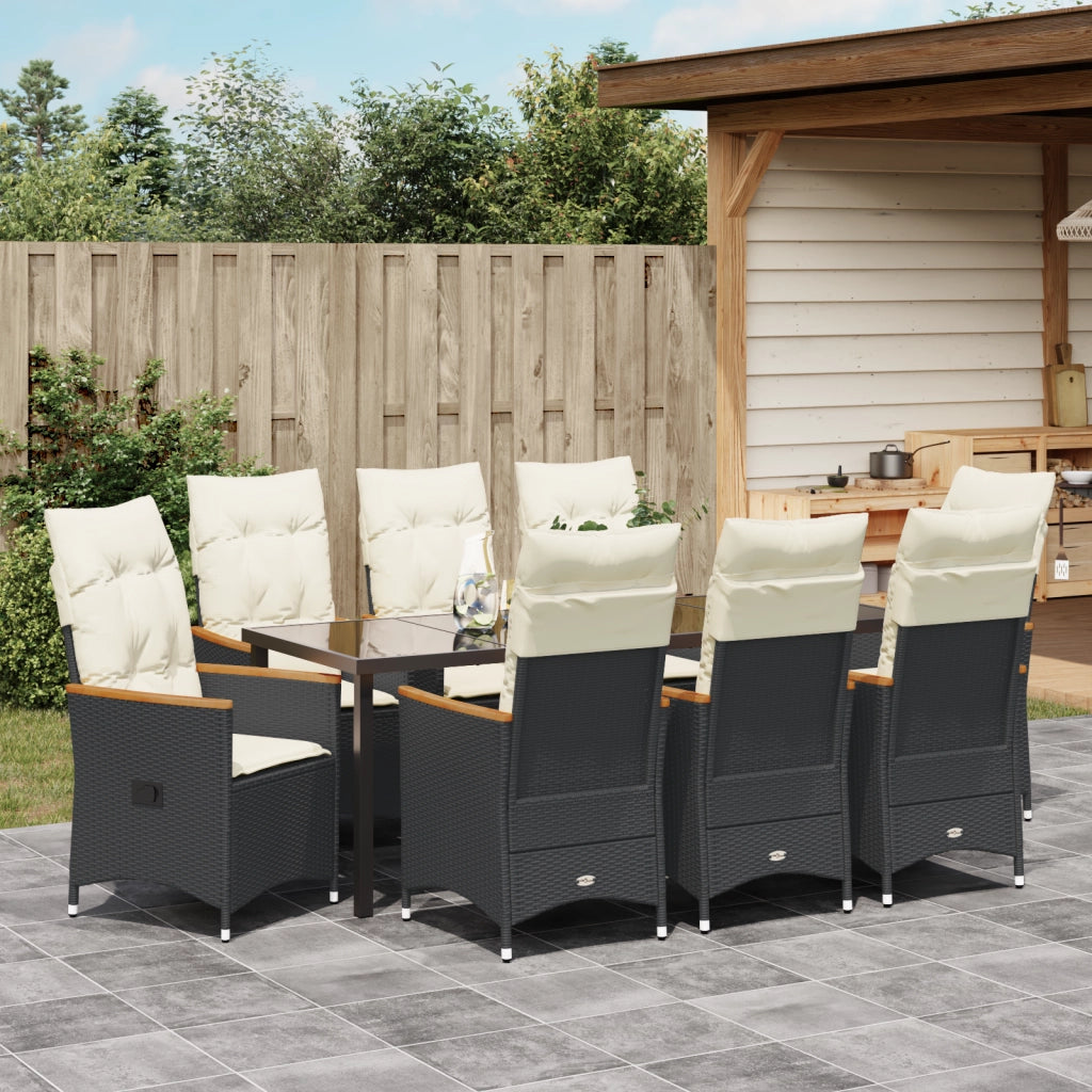 Set da Pranzo da Giardino in 9 Pezzi con Cuscini Nero Polyrattan