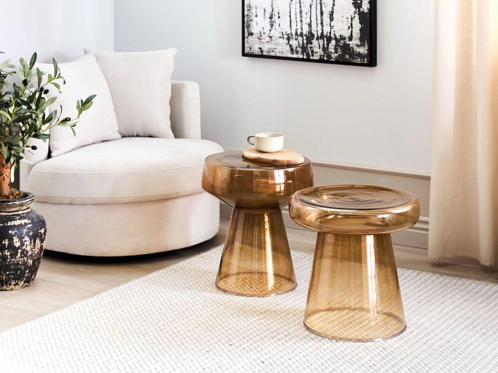 Set di 2 Tavoli da caffè in vetro trasparente marrone dorato moderno di forma ovale design moderno contemporaneo