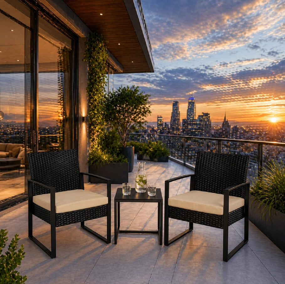Set Da Giardino 2 Poltroncine Con Tavolino Sedie Con Cuscini Beige Polyrattan E Metallo Design Moderno 57.5 x 63 x 76 Cm Nero