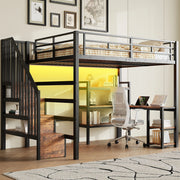 Letto a soppalco matrimoniale 140x200 cm con scrivania; scale contenitore; LED; nero