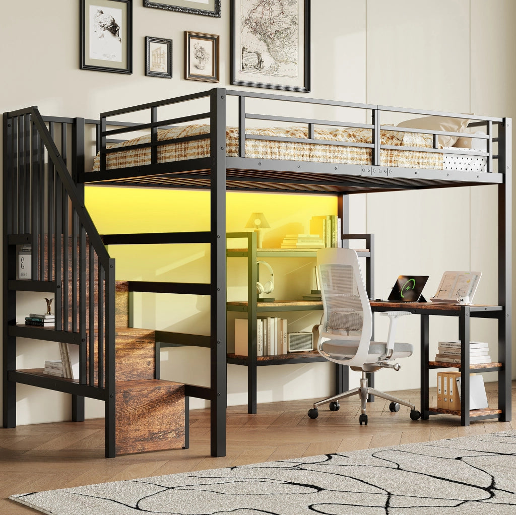 Letto a soppalco matrimoniale 140x200 cm con scrivania; scale contenitore; LED; nero