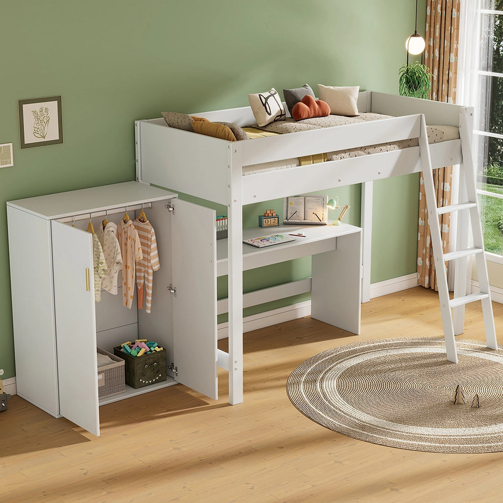 Letto a soppalco per bambini - Xylo - 90??200 cm - Bianco - Scrivania e armadio combinabili