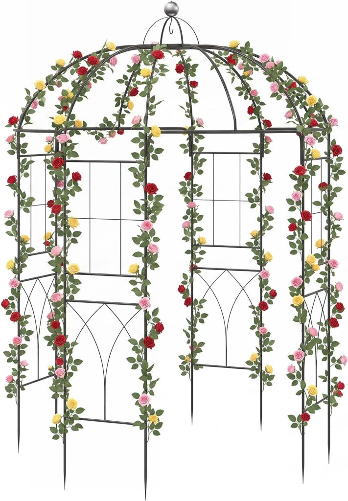 Pergolato da Giardino a Forma di Gabbia, Traliccio ad Arco in Metallo per Piante Rampicanti con Gancio e Picchetti, Gazebo da Giardino Decorativo con 4 Lati per Matrimoni, 203 x 203 x 296 cm