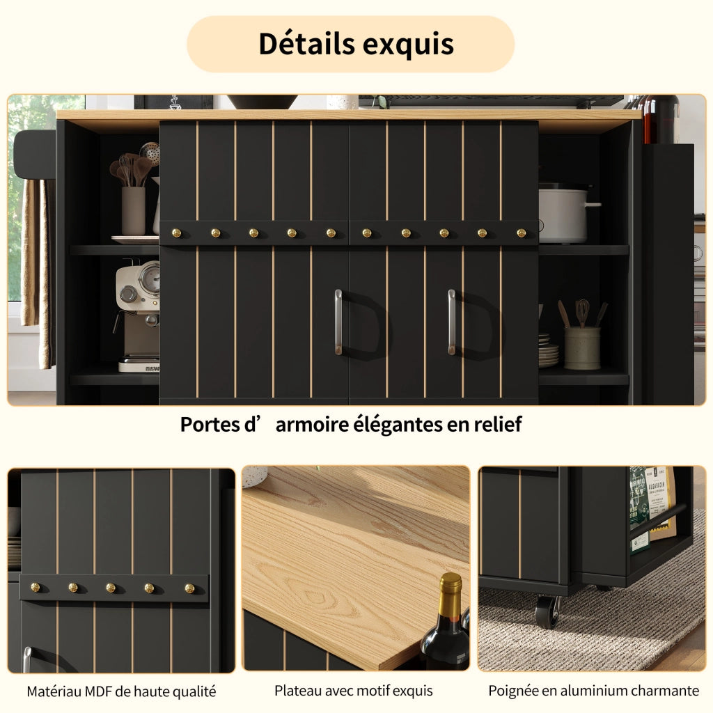 Carrello da Cucina con 3 Cassetti; 2 Ante Scorrevoli; Ripiani Regolabili; Portasciugamani e Ruote; in MDF; Nero; 110 x 42 x 90 cm