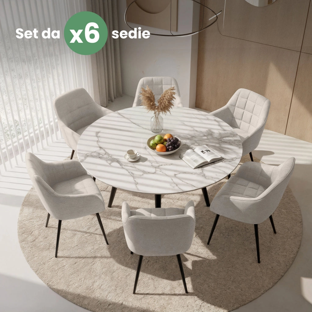 Set di 6 Sedie imbottite con cuciture quadrate LUXANO Crema gambe nere tessuto Lumos
