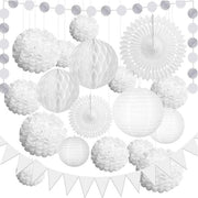 Set di 20 Lampioni e Decorazioni per Matrimonio, Festa di Matrimonio e Festa di Impegno - Set di Pompon, Sferette a Rete, Bandiera da Appendere