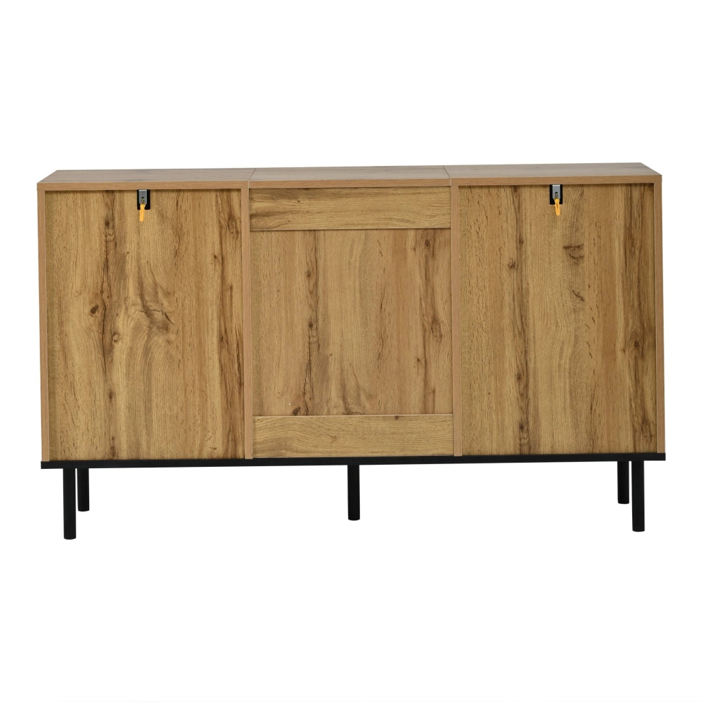 Credenza, mobile a tre ante, pannelli in truciolato, gambe di sostegno in metallo, colore legno naturale
