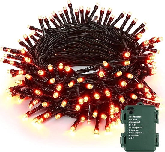 Decorazione luminosa per Halloween e autunno - Catena di luci orizzontali con 200 led - 8 modalità - Impermeabile - Alimentazione batteria - Adatto per esterni - Per feste e matrimoni in giardino - 20m