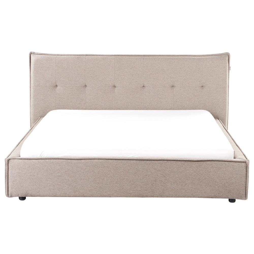 Letto 160 x 200 cm rivestimento in tessuto di lino tortora e gambe nere, con testiera e struttura a doghe per la camera da letto.