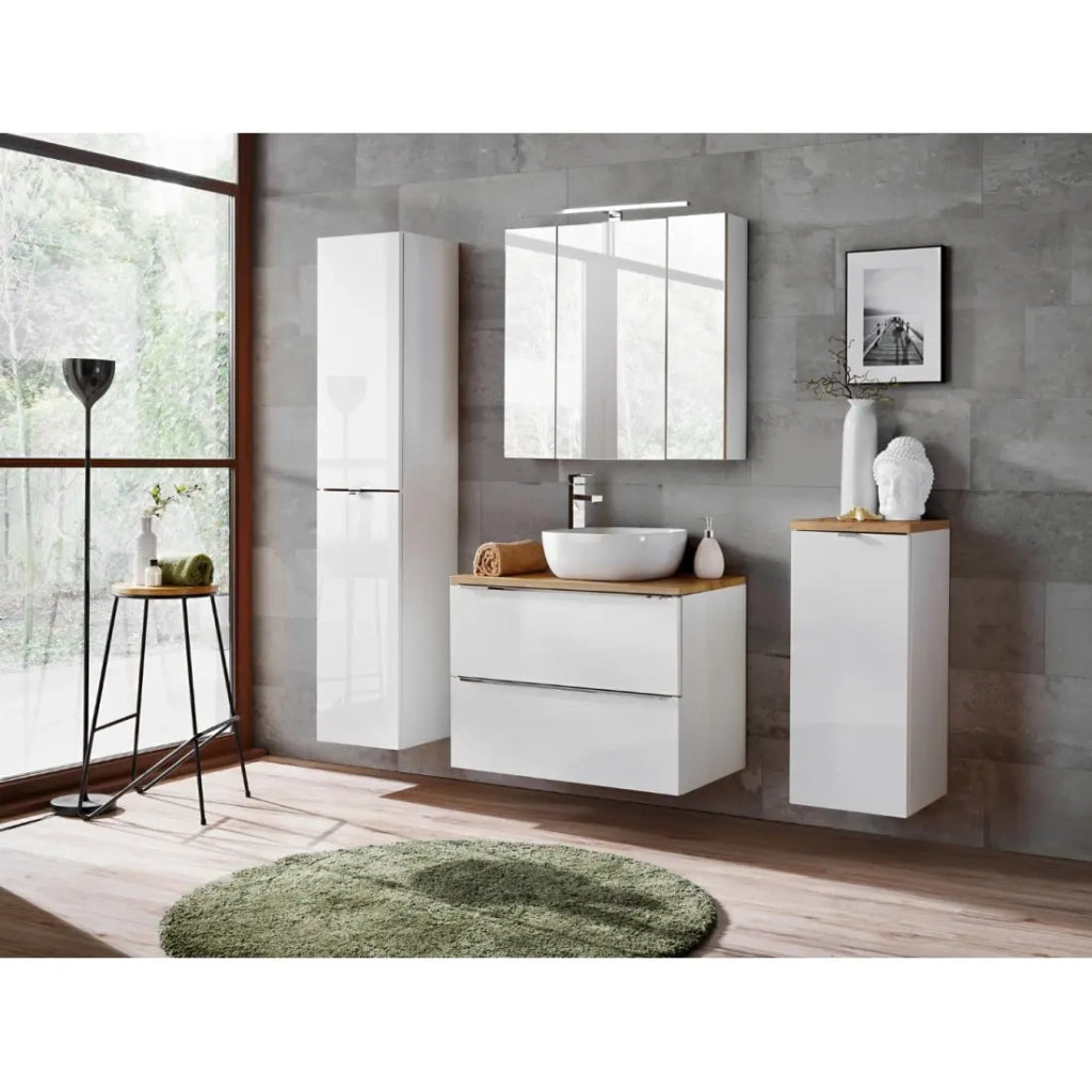 Colonna bagno NALYA 170 cm – Bianco lucido e rovere chiaro – Mobile sospeso