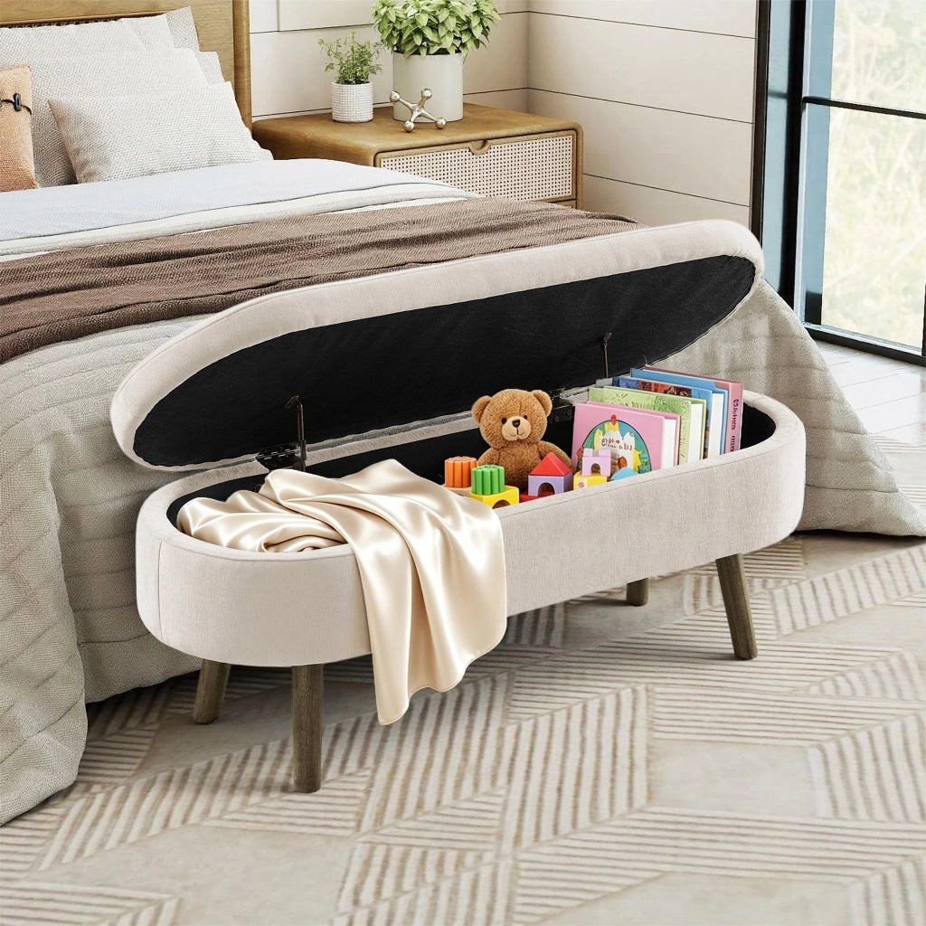 Panca contenitore con vano portaoggetti e coperchio ammortizzato in chenille e legno massello beige 110 × 40 × 42 cm