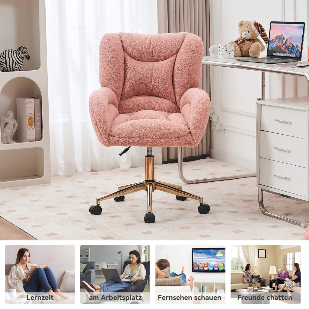 Sedia da ufficio girevole regolabile in altezza; con ruote a 360°; tessuto teddy; per ufficio e camera; rosa; 64 × 62 × 92.5 cm