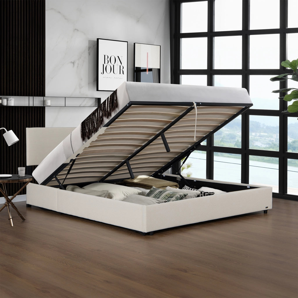 Letto Contenitore Juva con Apertura a Ribalta Letto Francese 140x200 cm Velluto a Coste Beige Corium