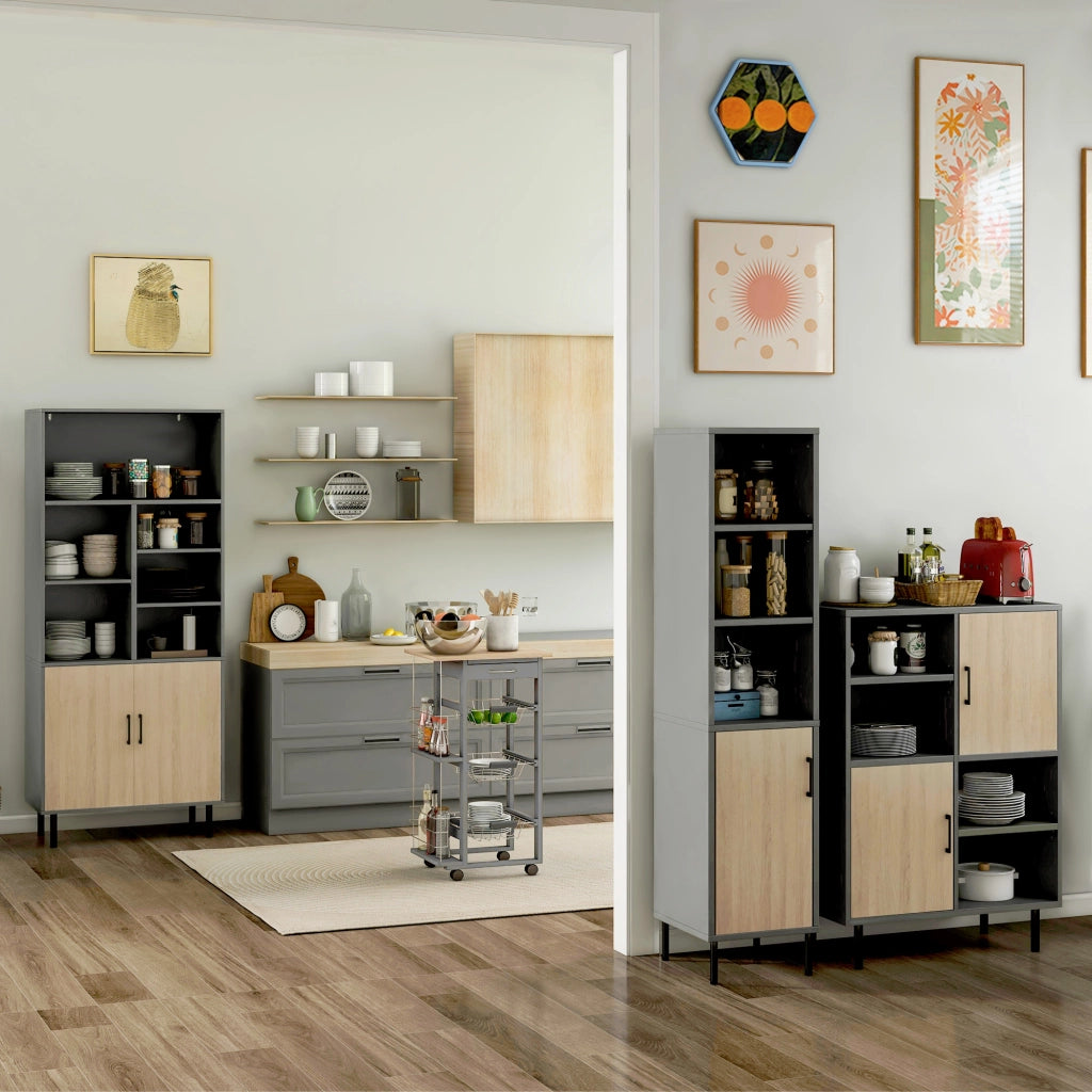 Carrello da Cucina con Cassetti e Portabottiglie ¨C zephmum ¨C Legno di Pino e Metallo 47x37x83