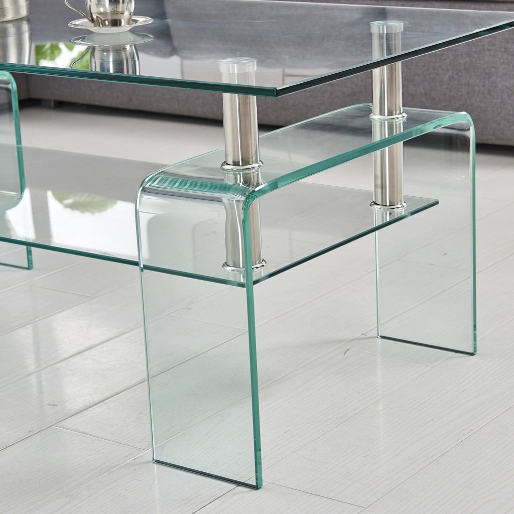 Tavolino basso con piano doppio in vetro temperato, struttura in metallo, per soggiorno, trasparente, 100 × 55 × 45 cm