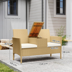Panca da Giardino con Tavolino a Ribalta Portaoggetti 134x58x82 cm in Rattan e Acciaio Crema e Cachi