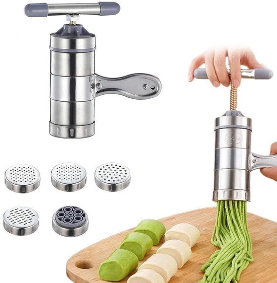 Faccia Pasta Manuale - RVS - Macchina per Spaghetti Portatile con 5 Forme di Pasta - Faccia Pasta per Casa o Ristorante - 18 x 13,5 x 9 cm
