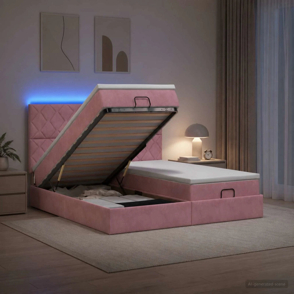 Letto Ottomano con Materasso e LED Rosa 200 x 200 cm Velluto 3458525