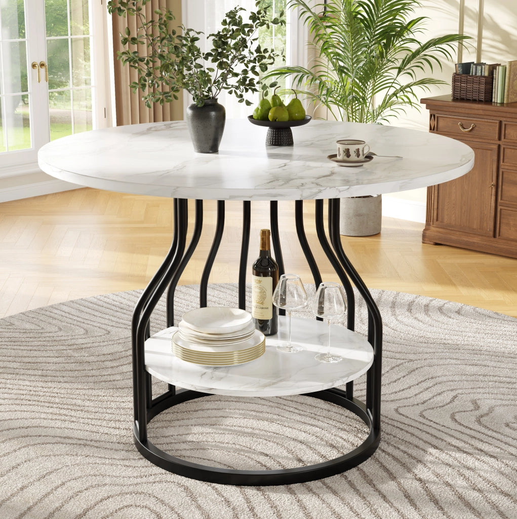 Tavolo da pranzo rotondo 80x80x76 cm con vano inferiore; MDF effetto marmo nero