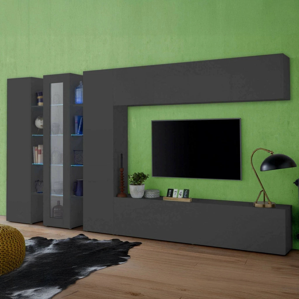 Parete attrezzata Bellino, Set salotto porta TV, Mobile soggiorno con vetrina e luce LED, 100% Made in Italy, cm 320x30h180, Antracite