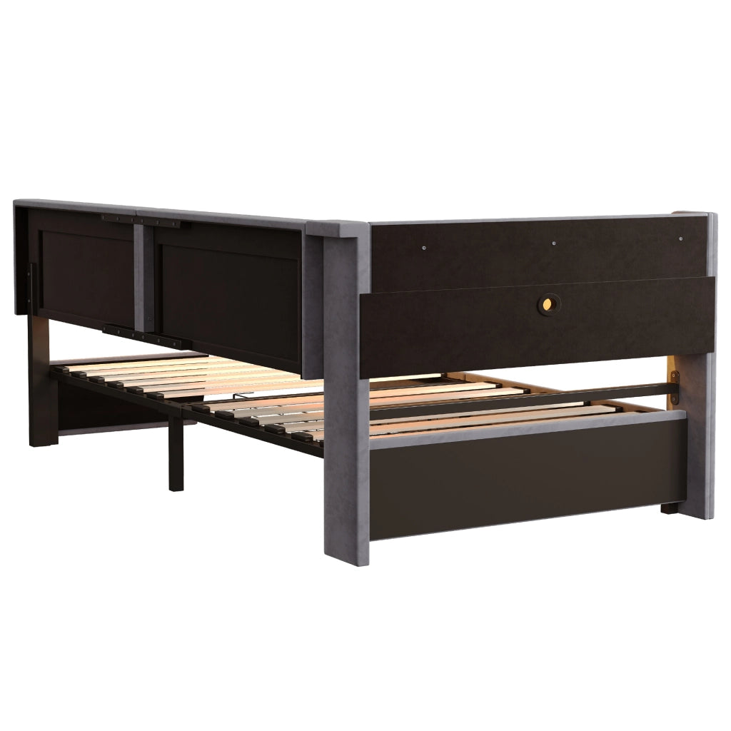 DESMIU Letto divano 90 × 200 cm 1 posto con LED, USB e vani contenitore, senza materasso, in velluto grigio