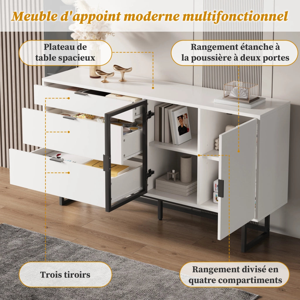 Credenza con 3 cassetti e vetrina LED - per soggiorno - 160x36x78 cm - bianco