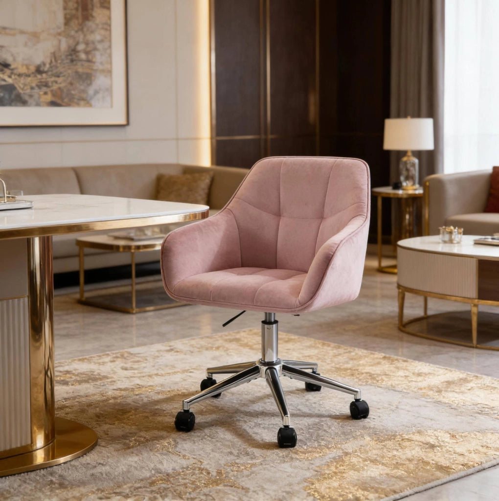 Sedia da ufficio ergonomica rosa in velluto con ruote