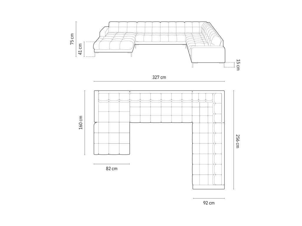 Cosmopolitan Design - Divano panoramico destro "Bali" 7 posti in tessuto strutturato grigio chiaro 