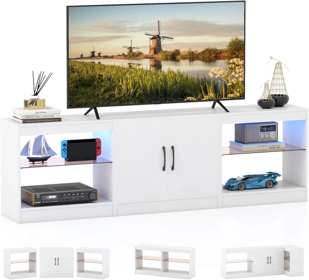 Mobile TV da 85" 3 in 1 con Luci LED, Mobiletto porta Televisori Liberamente Combinabile da 3 Pezzi, con Ripiani in Vetro Regolabili, per Soggiorno, Camera da Letto, 195x30x55cm (Bianco)