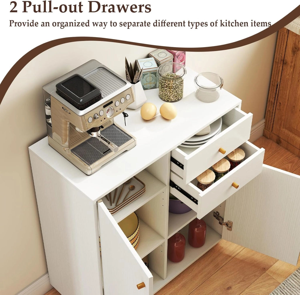 Mobile Dispensa con 2 Cassetti, Credenza da Cucina con 2 Ante, Mobiletto Basso con 3 Ripiani Regolabili, Armadio a Buffet per Sala da Pranzo, Soggiorno, 74x35x85,5 cm(L x P x A) (Bianco)