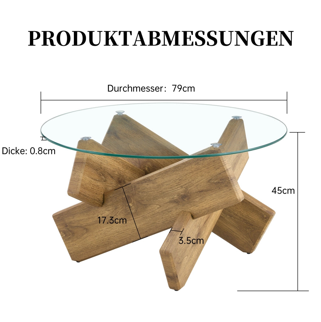 Tavolino da caffè rotondo in MDF e vetro, design a croce, Ø 79 cm