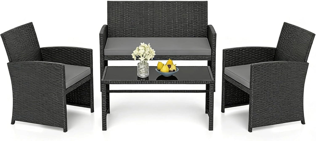 Set di mobili in rattan da giardino, 4 pezzi, divano a 2 posti, 2 poltrone, tavolino da salotto con piano in vetro, per 4 persone, tavolo e sedie per terrazza, patio (nero+grigio)