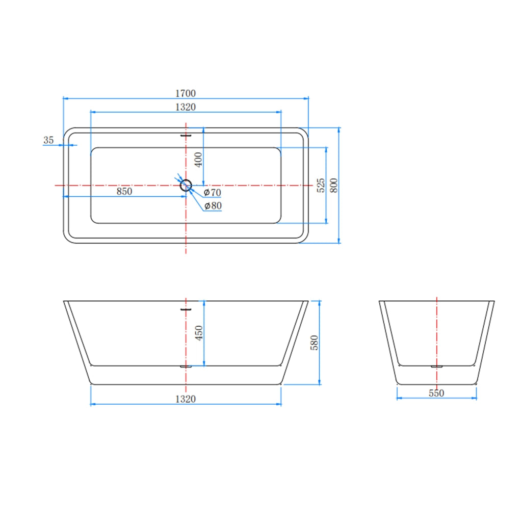 Vasca da Bagno a Isola Freestanding in Acrilico da 170x80x58 cm, Colore Bianco, Forma Rettangolare
