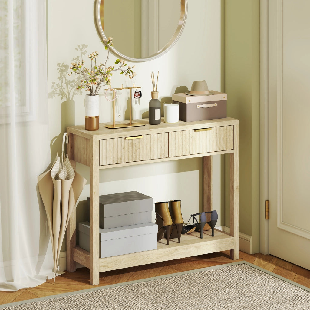 Console con 2 cassetti e ripiano ¨C zephmum ¨C legno naturale 90 cm