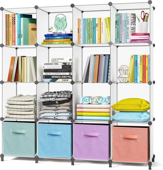 Cassettiere con 16 scatole, ripiani di archiviazione, mobile per la riorganizzazione, scatole, rete di sostegno in PP, plastica, cassettiera per bambini, cassettiera per giocattoli, armadio a pannelli, cassettiera a stante, bianca