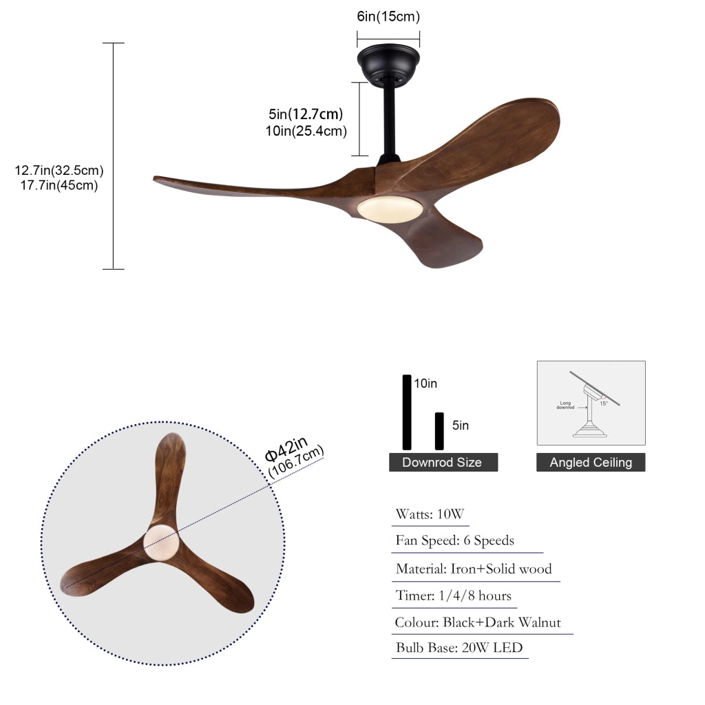 Ventilatore da soffitto da 42 pollici con luce LED dimmerabile e telecomando; nero e noce scuro