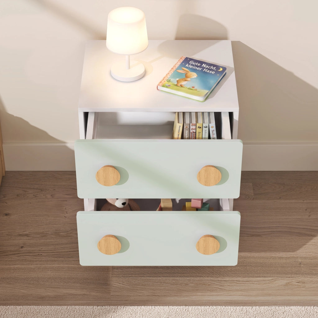 Comodino per Cameretta Vaarentaa con 2 Cassetti 47x40x35 cm - Bianco/Verde Menta [en.casa]