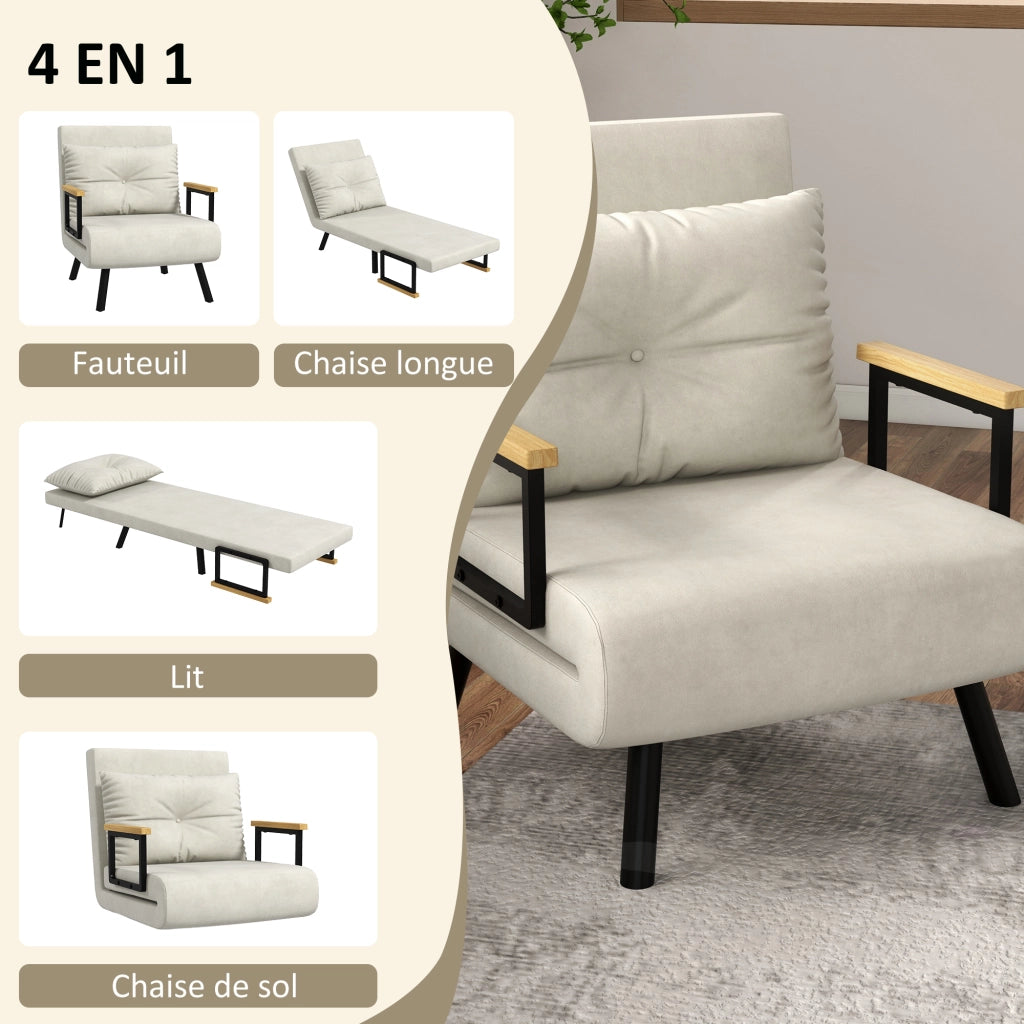 Poltrona letto singolo imbottita ¨C zephmum ¨C tessuto velluto crema con accoudoirs in legno