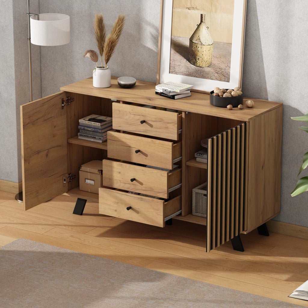 Credenza con 2 vani e 4 cassetti - per soggiorno - in MDF - 120×38×75 cm - nero e legno