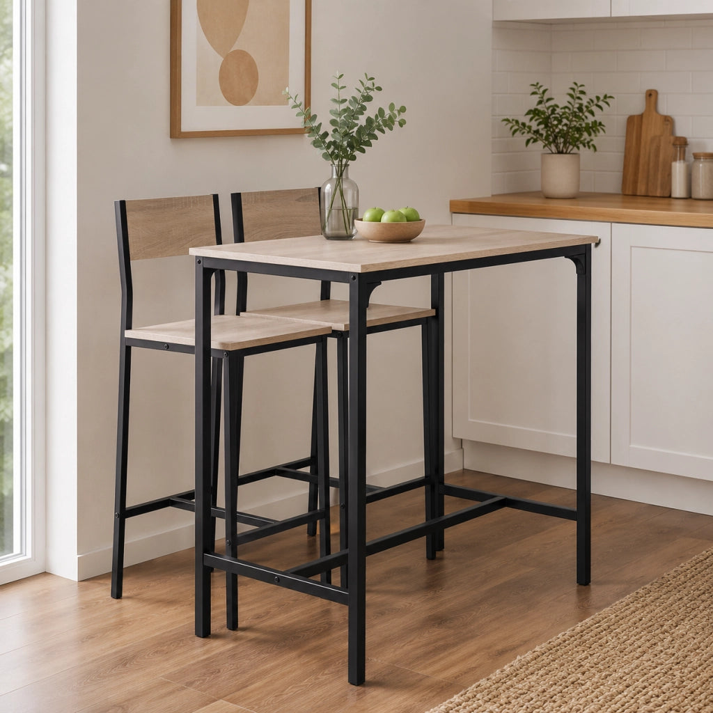 Set tavolo bar con 2 sgabelli; struttura stabile; facile da pulire; MDF; naturale