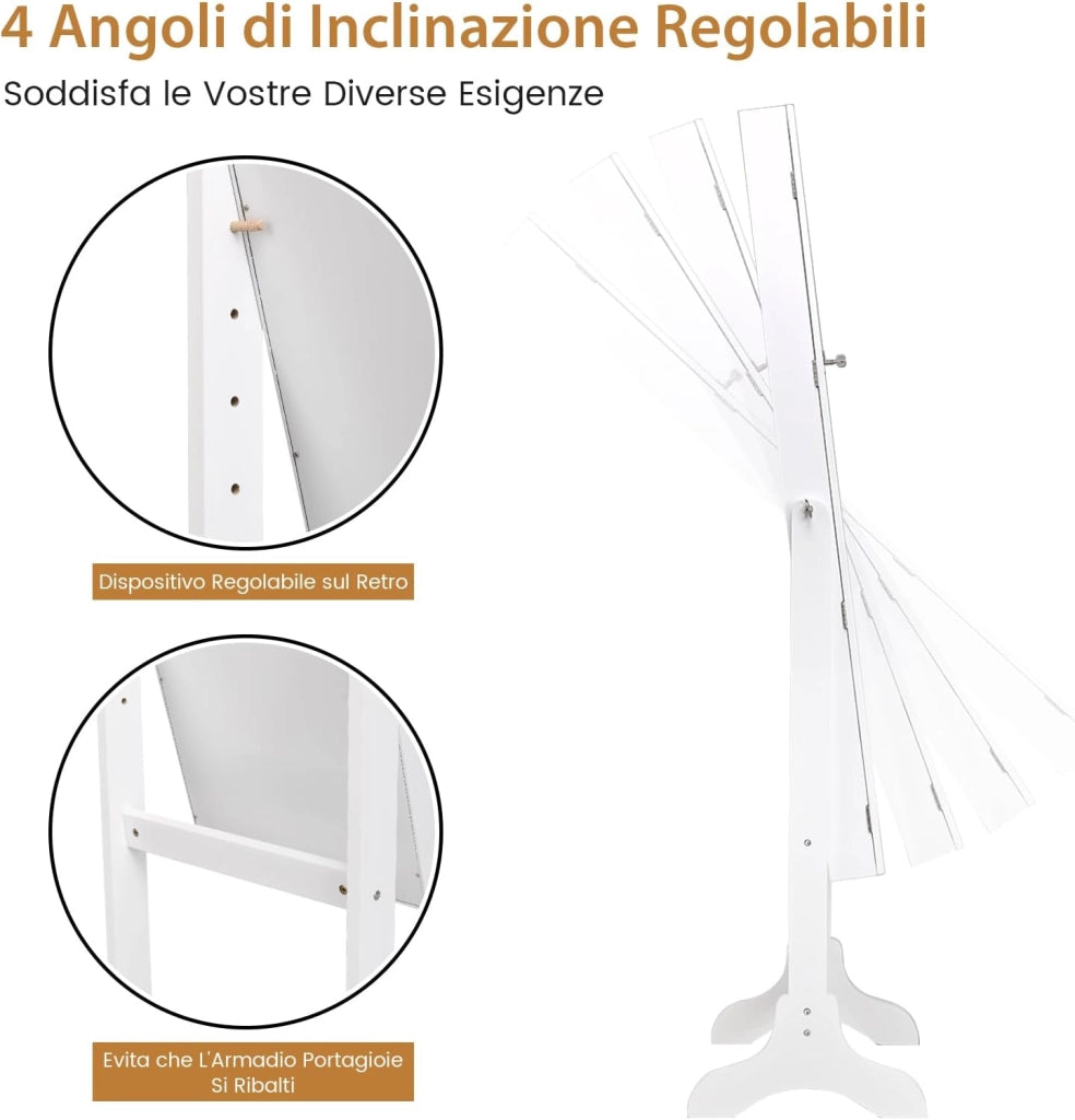Armadietto Portagioie da Terra, Portagioie con Specchiera a Figura Intera, 4 Angolo di Inclinazione Regolabile, Specchio da Terra per Gioielli e Accessori, 160 x 45 x 37 cm (Bianco)