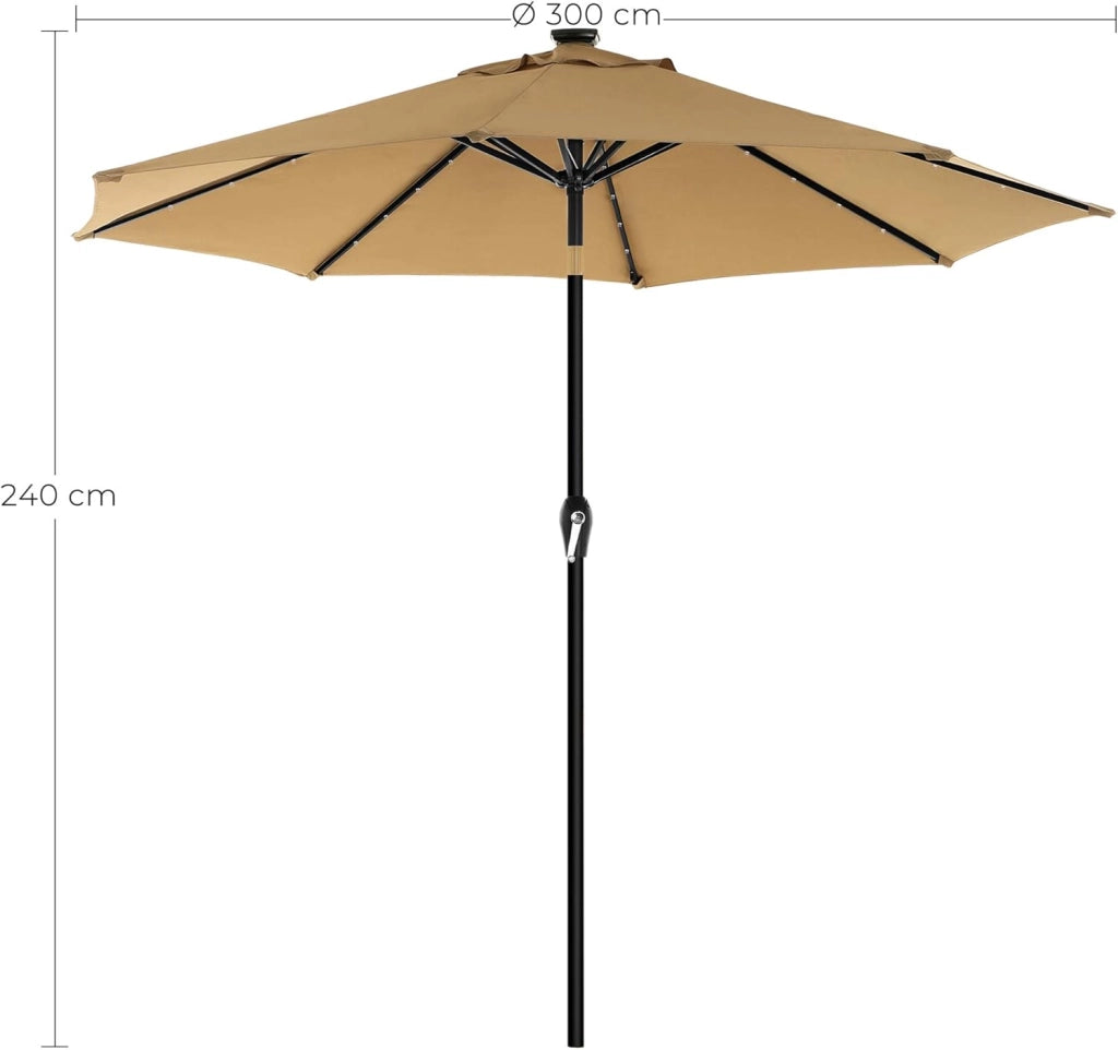 SONGMICS Ombrellone da Giardino 300 cm con 32 Luci a LED a Energia Solare, UPF 50+, Inclinazione Bidirezionale a 30°, Esterno Terrazzo Piscina Balcone, Senza Base, Tortora GPU33BR